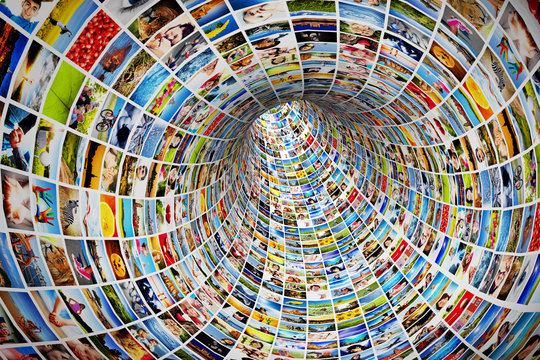 Tunnel of media, images, photographs. Tv, multimedia broadcast.