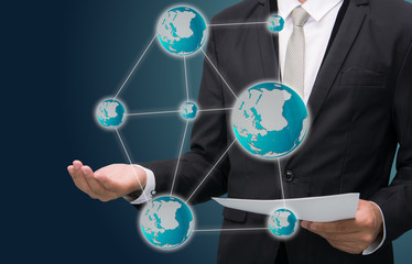 Businessman standing posture hand holding Earth icon isolated