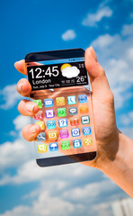 Smartphone with transparent screen in human hands.
