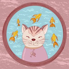 cartoon cat looking at a goldfish