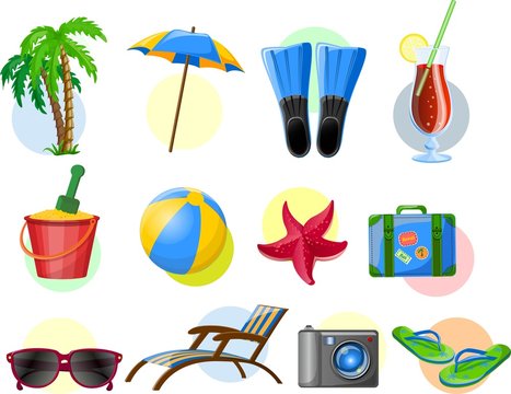 Путешествие иконы, пальмы, мяч,  зонтик, ласты и чемодан