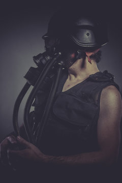 War nuclear and toxicological disaster ,man with gas mask