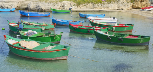 Fototapeta na wymiar traditional fishing boats anchored in the harbor of Polignano