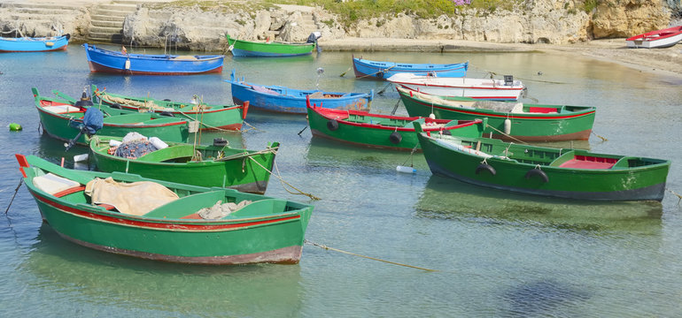 traditional fishing boats anchored in the harbor of Polignano