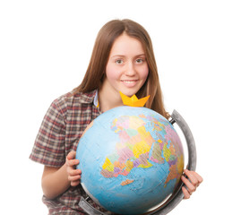 girl with globe. Isolated on white background