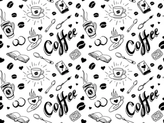 Stickers pour porte Café Modèle sans couture de café dans le style de tatouage