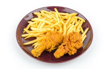 French fries and fried chicken isolated white background