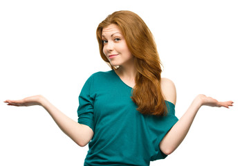 Fototapeta premium Portrait of a young woman raised her hands up