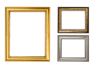 Golden wood frame on white background