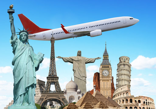 Travel the world monuments plane concept