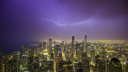 Chicago downtown night panorama during thunderstorm