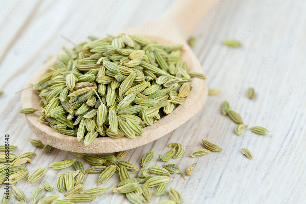 Sticker fennel seed in a wooden spoon on table