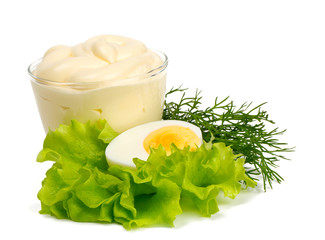 mayonnaise and boiled egg isolated on white