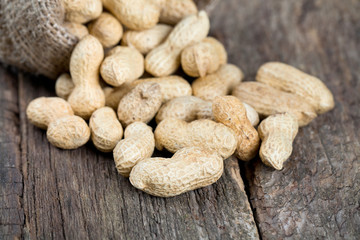 peanuts in a miniature burlap bag on wooden surface
