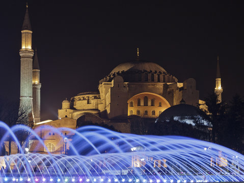 Hagia Sophia from Sultanahmet Park at dusk.; Istanbul, Turkey.