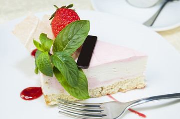 piece of cream cake decorated with chocolate and mint