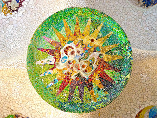 Ceiling with mosaic sun of Park Guell