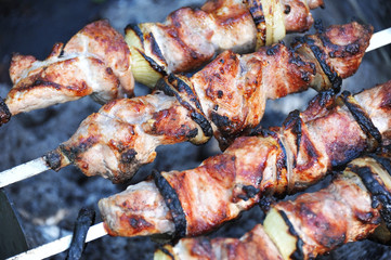 Shish kebab on skewers and hot coals, DOF