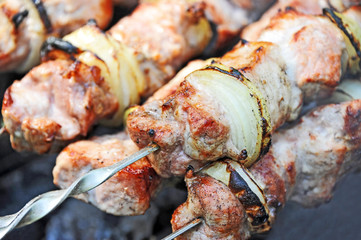 Shish kebab on skewers and hot coals, DOF