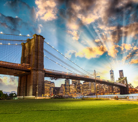 Stunning night skyline of Manhattan from Brooklyn Bridge Park.