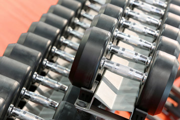 Dumbbells weights lined up in a fitness studio