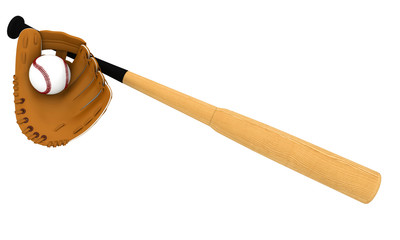 new baseball glove and wooden baseball bat