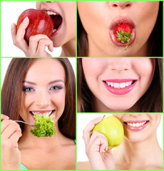 Collage of female mouth with healthy food