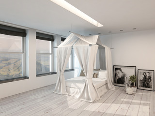 Modern bedroom interior with a four poster bed