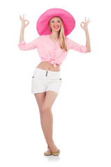 Young  model in panama hat in in OK  isolated on white