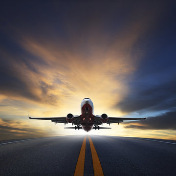 passenger plane take off from runways against beautiful dusky sk © stockphoto mania