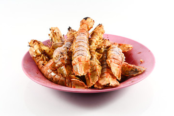 Fried Mantis shrimp with garlic and pepper  isolate on white bac