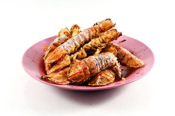Fried Mantis shrimp with garlic and pepper  isolate on white bac