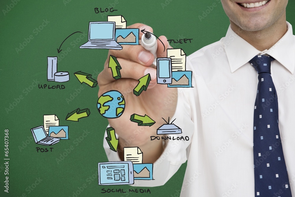 Poster Composite image of businessman writing flowchart