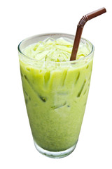 Ice Green tea with a straw isolated on white background.