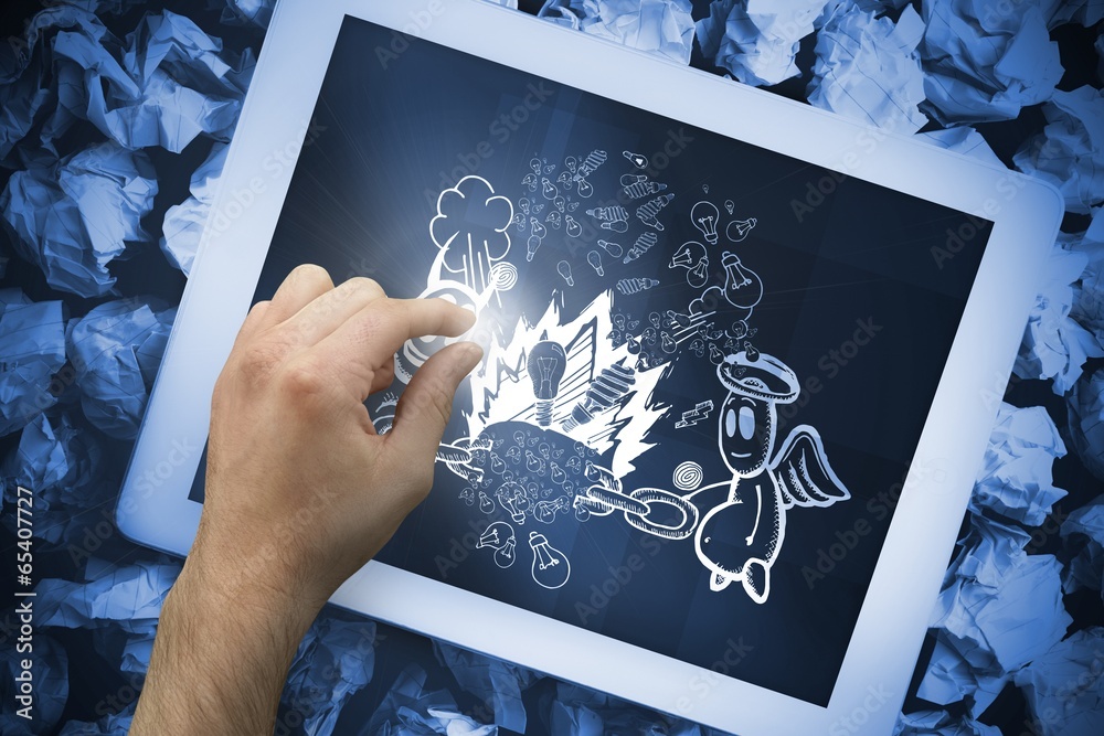 Poster composite image of hand touching tablet