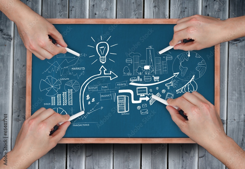 Poster Composite image of multiple hands drawing brainstorm with chalk