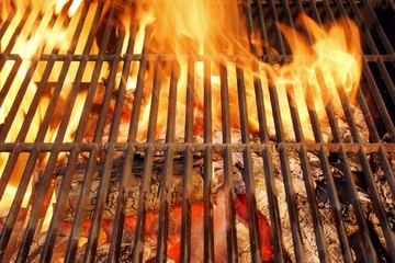 Hot BBQ Grill and Burning Charcoals with Bright Flame