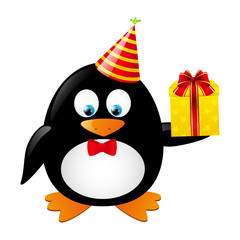 Funny penguin with gift box