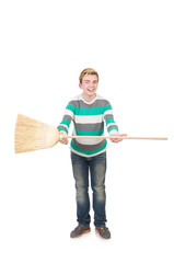 Funny man with mop isolated on white