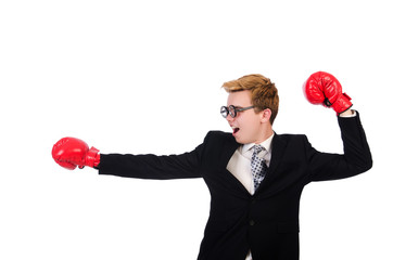 Young businessman boxer isolated on white