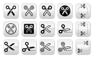 Scissors with cut lines icons set