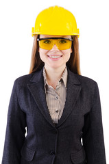 Woman construction worker isolated on white