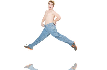 Funny man with trousers isolated on white