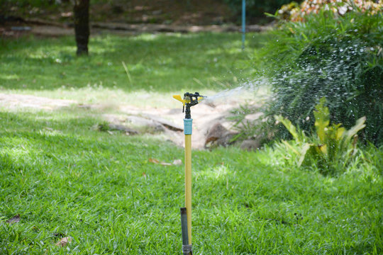 Lawn sprinkler spraying water over green grass,Irrigation system