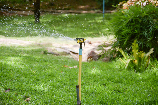 Lawn sprinkler spraying water over green grass,Irrigation system