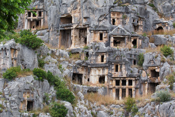 Ruins of ancient tombs in Myra, Turkey