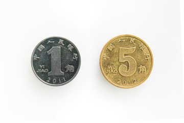 Front of Isolated Coin for 1 and 5 Jiao in Chaina