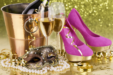 Glamorous party scene with pink heels, champagne glasses, a gold bucket, and a masquerade mask. Festive gold and pink theme, ideal for luxury event promotions, celebrations, and holiday designs.