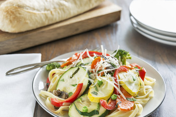Pasta Primavera with fettuccine and garden vegetables