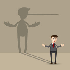 cartoon businessman with long nose shadow on wall